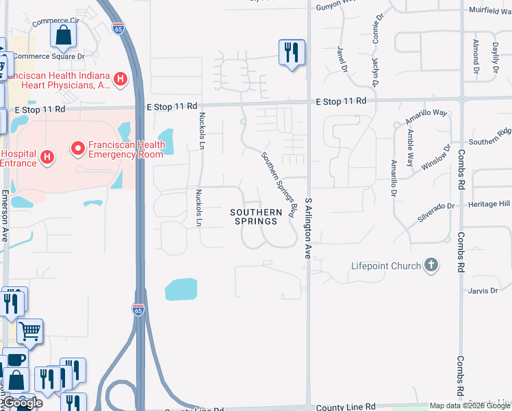 map of restaurants, bars, coffee shops, grocery stores, and more near 8324 Southern Springs Way in Indianapolis