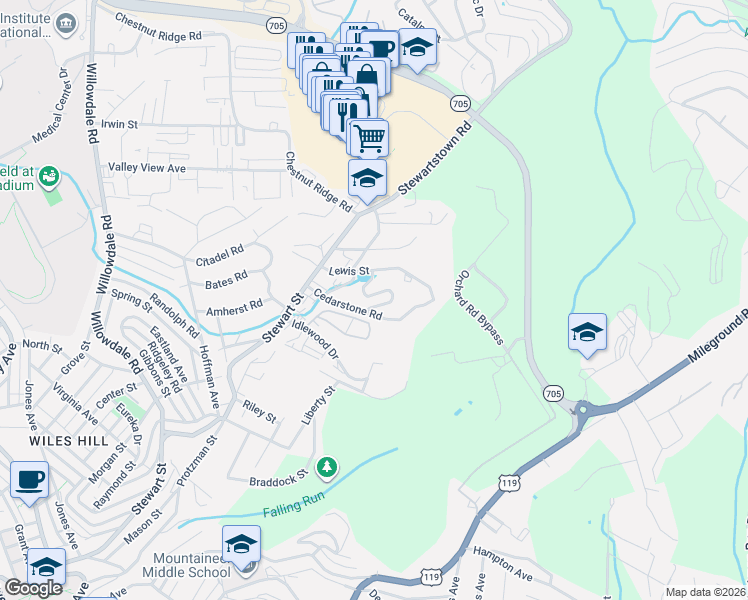 map of restaurants, bars, coffee shops, grocery stores, and more near 323 Fountain View in Morgantown