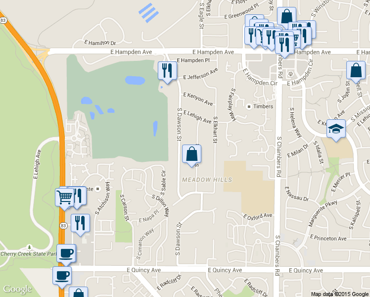 map of restaurants, bars, coffee shops, grocery stores, and more near 3886 South Dawson Street in Aurora