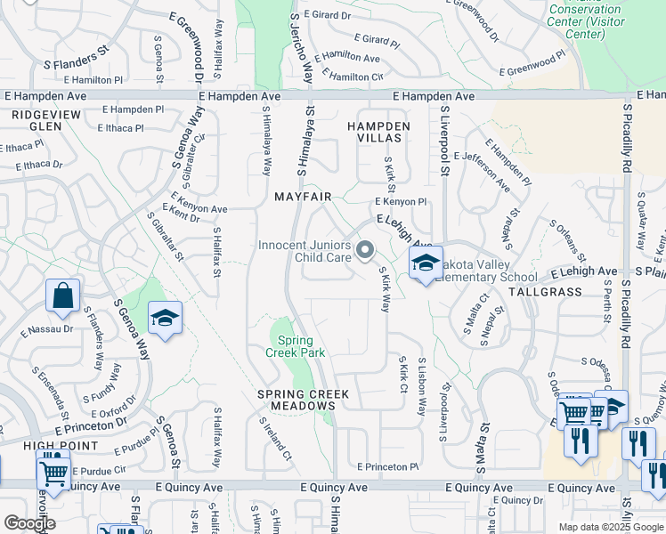 map of restaurants, bars, coffee shops, grocery stores, and more near 20476 East Lehigh Place in Aurora