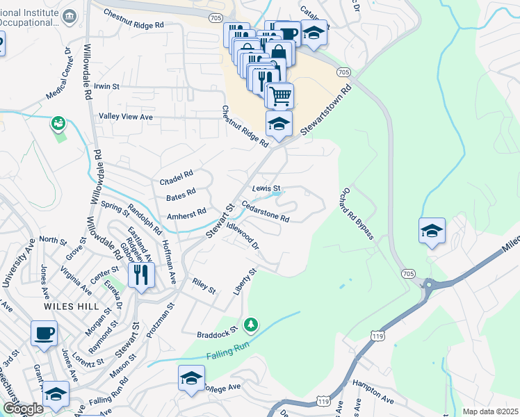 map of restaurants, bars, coffee shops, grocery stores, and more near 101 Cedarstone Road in Morgantown