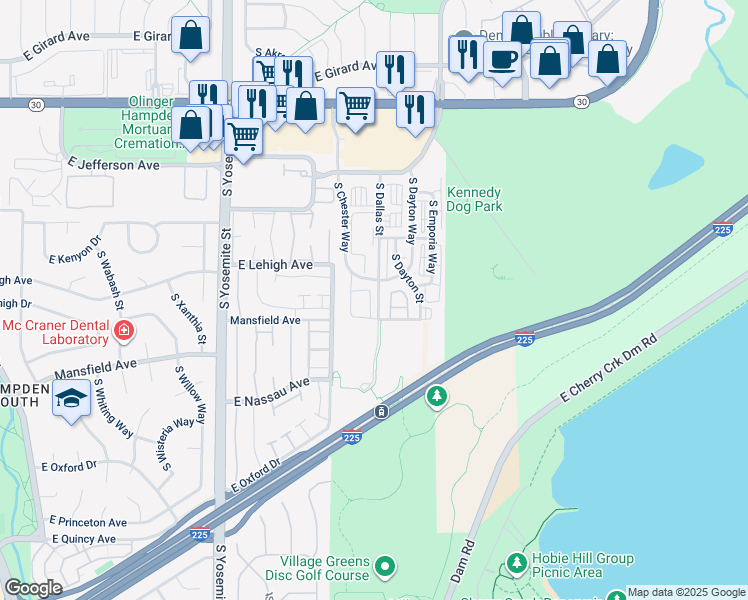 map of restaurants, bars, coffee shops, grocery stores, and more near 3865 South Dallas Street in Aurora