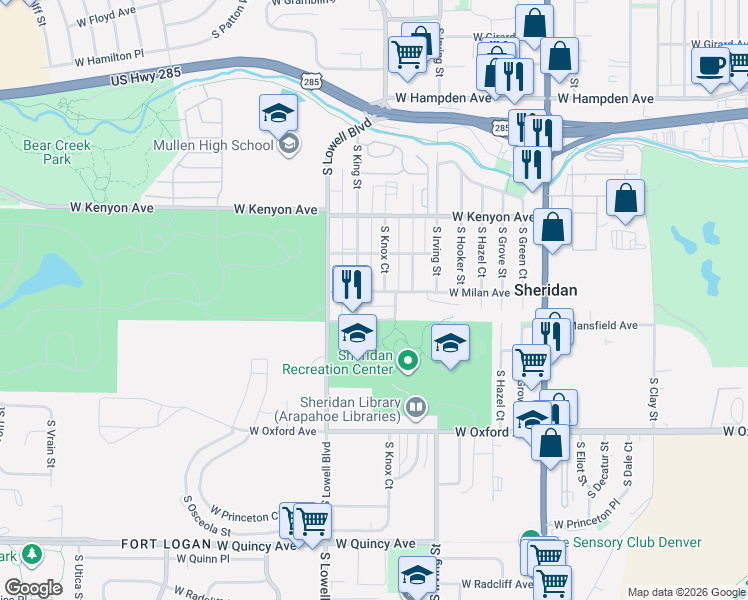 map of restaurants, bars, coffee shops, grocery stores, and more near 3866 South King Street in Denver