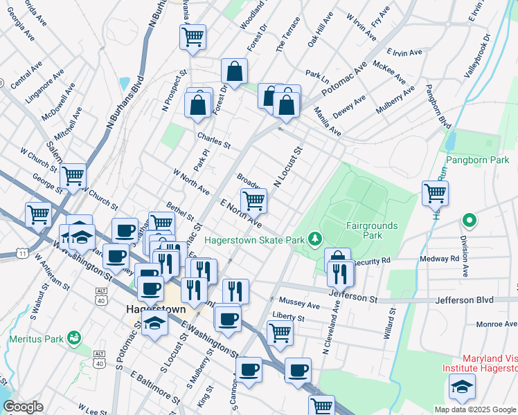 map of restaurants, bars, coffee shops, grocery stores, and more near 423 North Locust Street in Hagerstown