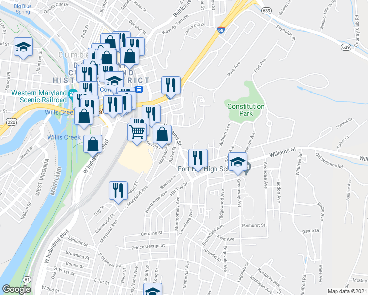 map of restaurants, bars, coffee shops, grocery stores, and more near 409 Ascension Street in Cumberland