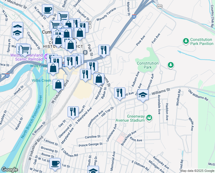 map of restaurants, bars, coffee shops, grocery stores, and more near 409 Ascension Street in Cumberland