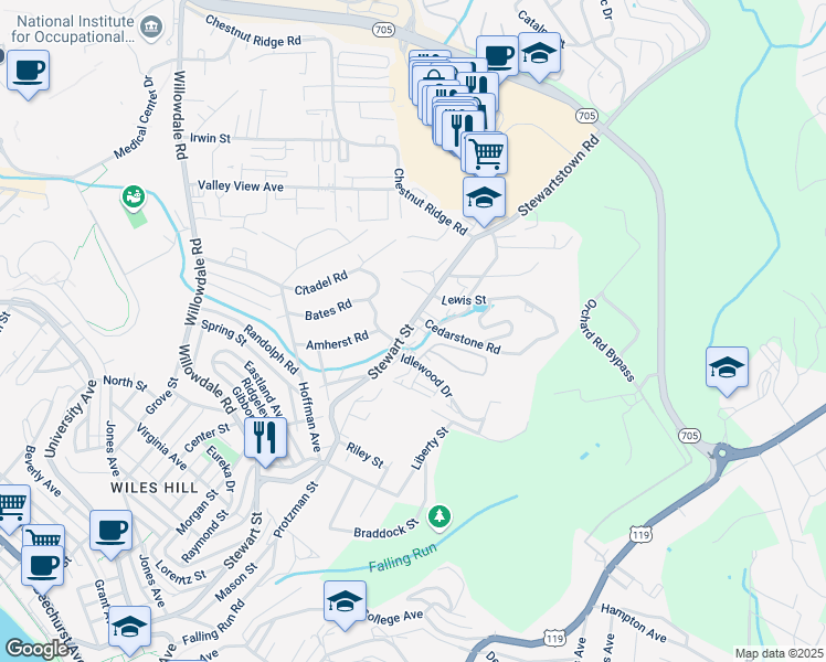 map of restaurants, bars, coffee shops, grocery stores, and more near 10 Manchester Drive in Morgantown
