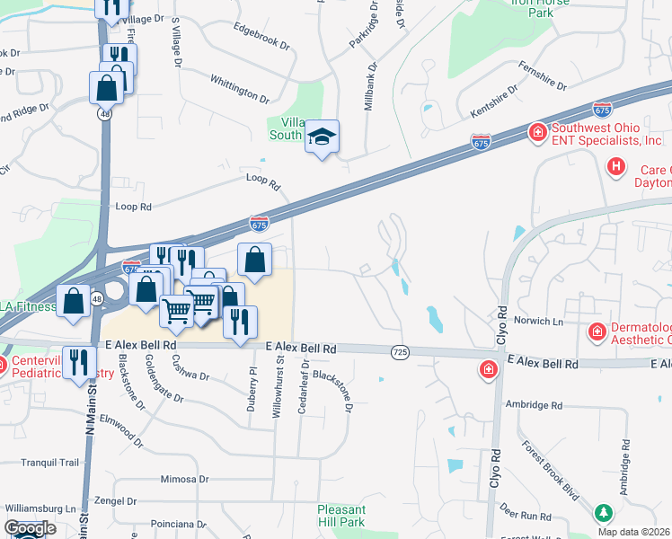 map of restaurants, bars, coffee shops, grocery stores, and more near 595 East Alex Bell Road in Centerville