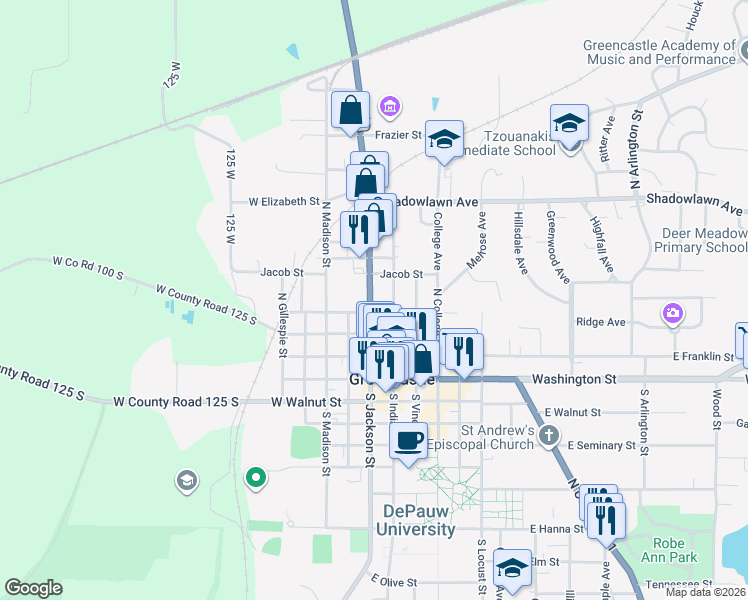 map of restaurants, bars, coffee shops, grocery stores, and more near 305 North Jackson Street in Greencastle
