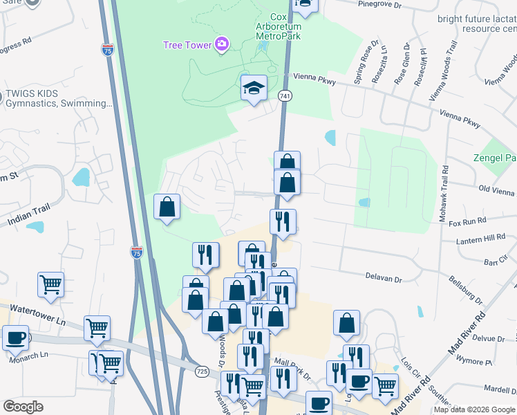map of restaurants, bars, coffee shops, grocery stores, and more near 3012 Bright Bounty Lane in Dayton