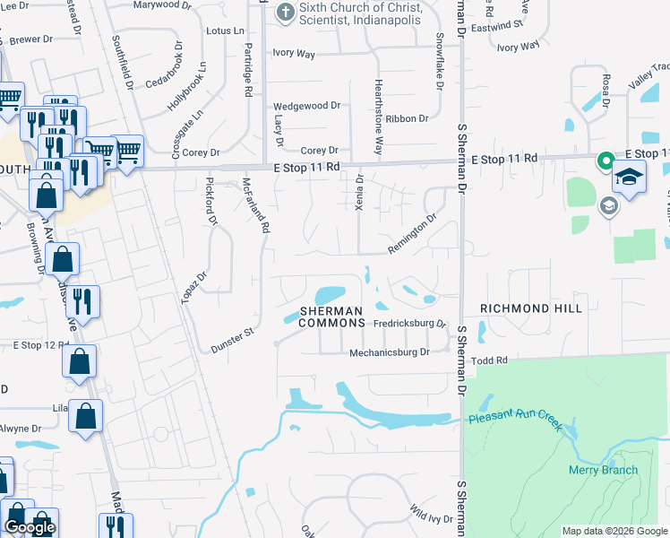 map of restaurants, bars, coffee shops, grocery stores, and more near 3410 Montgomery Drive in Indianapolis