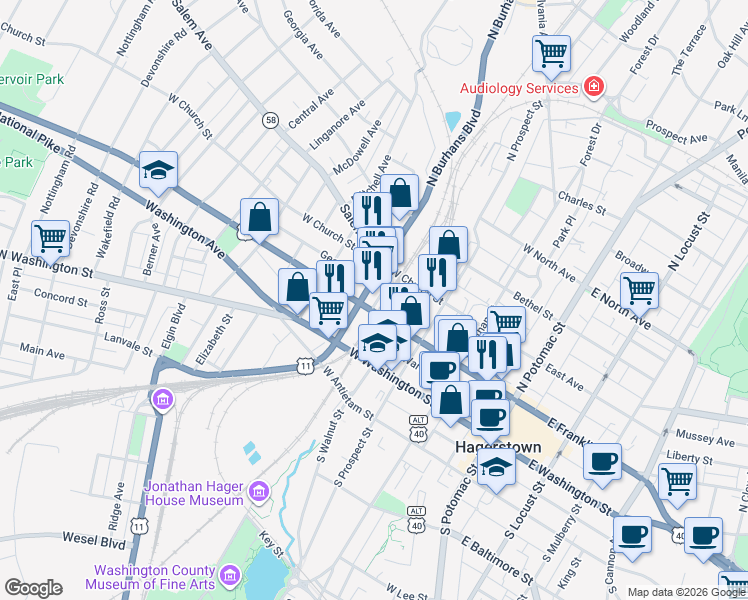 map of restaurants, bars, coffee shops, grocery stores, and more near 100 North Burhans Boulevard in Hagerstown