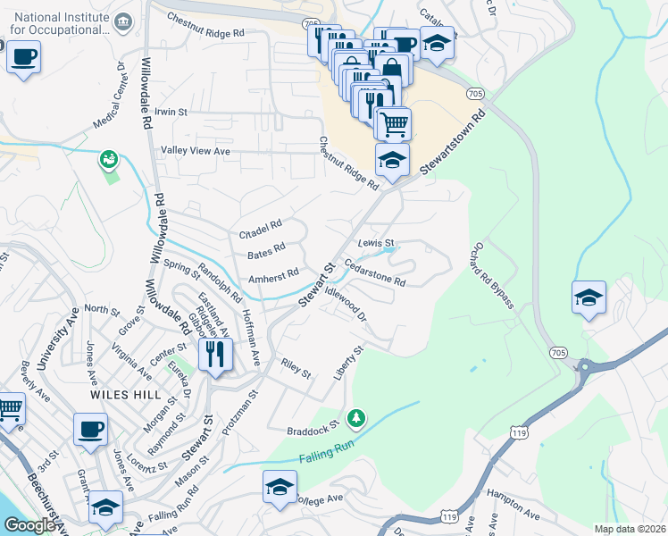 map of restaurants, bars, coffee shops, grocery stores, and more near 920 Stewart Street in Morgantown