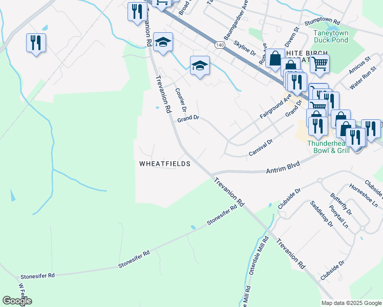 map of restaurants, bars, coffee shops, grocery stores, and more near 111 Trevanion Road in Taneytown