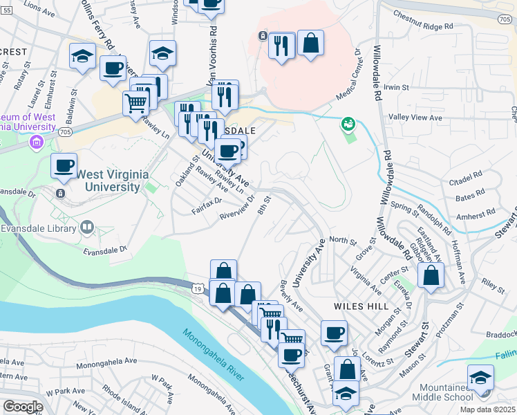 map of restaurants, bars, coffee shops, grocery stores, and more near 8 Crest Drive in Morgantown
