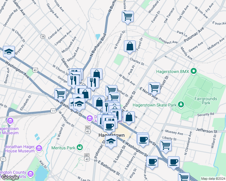 map of restaurants, bars, coffee shops, grocery stores, and more near 240 Jonathan Street in Hagerstown