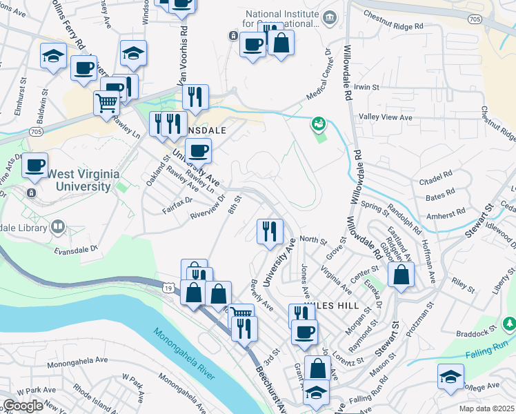 map of restaurants, bars, coffee shops, grocery stores, and more near 397 Gilmore Street in Morgantown