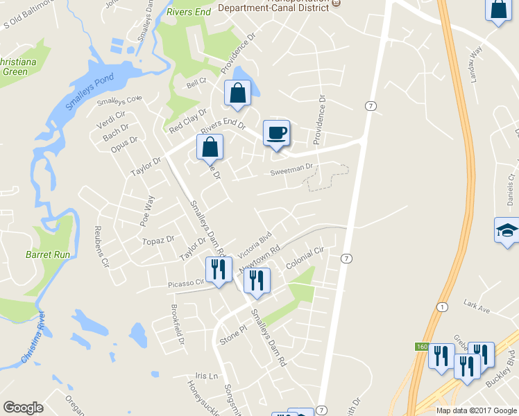 map of restaurants, bars, coffee shops, grocery stores, and more near 100 Balmoral Way in Newark