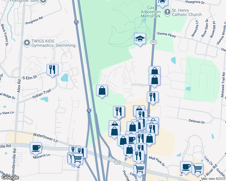 map of restaurants, bars, coffee shops, grocery stores, and more near 3314 Vanquil Trail in Dayton