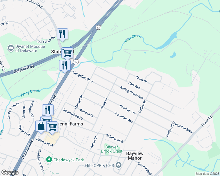 map of restaurants, bars, coffee shops, grocery stores, and more near 217 Llangollen Boulevard in New Castle