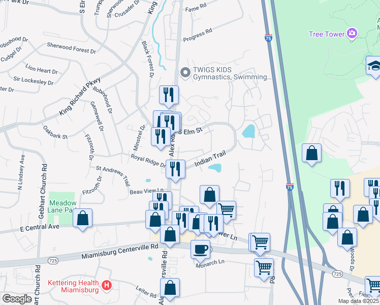 map of restaurants, bars, coffee shops, grocery stores, and more near 822 Lancelot Drive in Dayton
