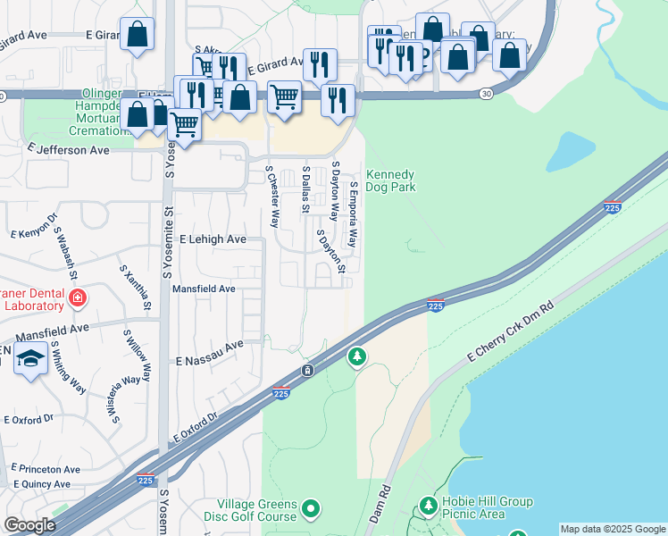 map of restaurants, bars, coffee shops, grocery stores, and more near 3865 South Dallas Circle in Aurora