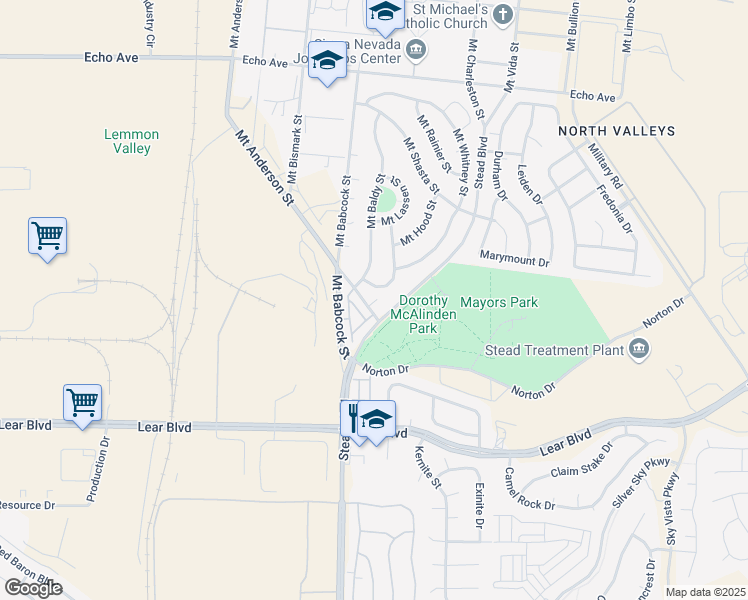 map of restaurants, bars, coffee shops, grocery stores, and more near 12141 Mount Anderson Street in Reno