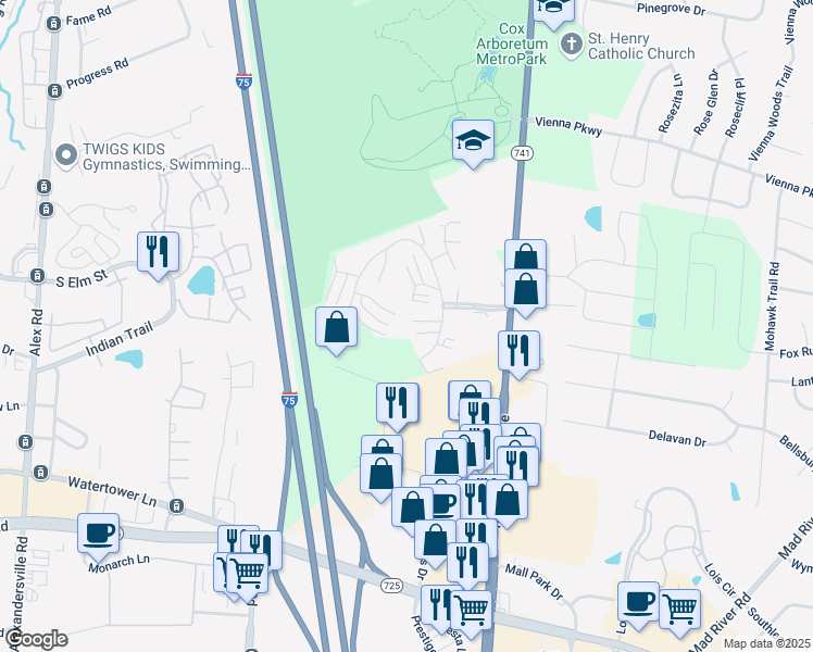 map of restaurants, bars, coffee shops, grocery stores, and more near 3230 Fantasia Trail in Dayton