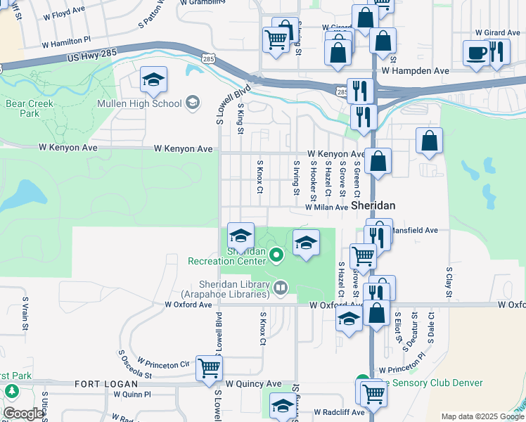 map of restaurants, bars, coffee shops, grocery stores, and more near 3450 West Milan Avenue in Denver