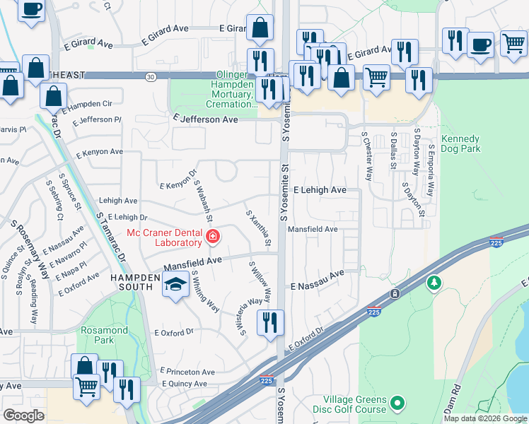 map of restaurants, bars, coffee shops, grocery stores, and more near 3843 South Xenia Street in Denver