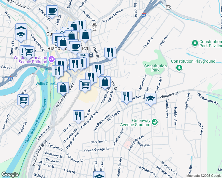 map of restaurants, bars, coffee shops, grocery stores, and more near 409 Ascension Street in Cumberland