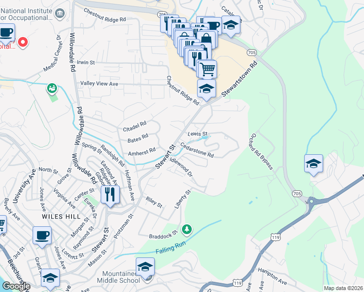 map of restaurants, bars, coffee shops, grocery stores, and more near 10 Manchester Drive in Morgantown