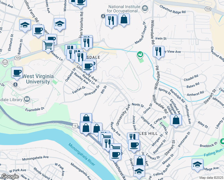 map of restaurants, bars, coffee shops, grocery stores, and more near 392 Gilmore Street in Morgantown
