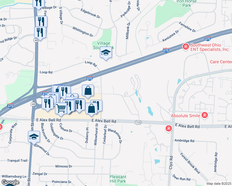 map of restaurants, bars, coffee shops, grocery stores, and more near 595 East Alex Bell Road in Centerville