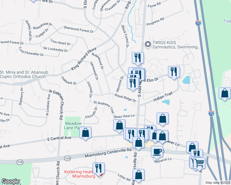 map of restaurants, bars, coffee shops, grocery stores, and more near 1450 Minstrel Drive in Dayton