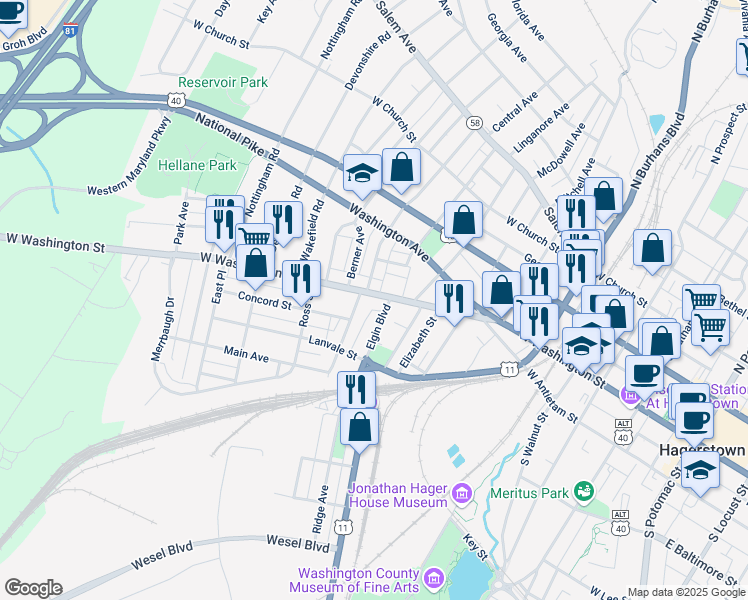 map of restaurants, bars, coffee shops, grocery stores, and more near 741 West Washington Street in Hagerstown