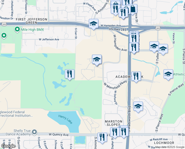 map of restaurants, bars, coffee shops, grocery stores, and more near in Denver