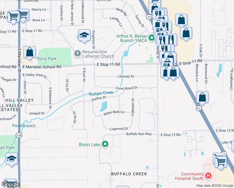 map of restaurants, bars, coffee shops, grocery stores, and more near 718 Daffon Drive in Indianapolis