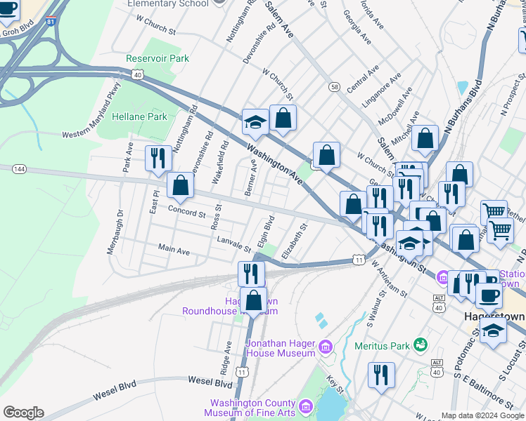 map of restaurants, bars, coffee shops, grocery stores, and more near 743 West Washington Street in Hagerstown