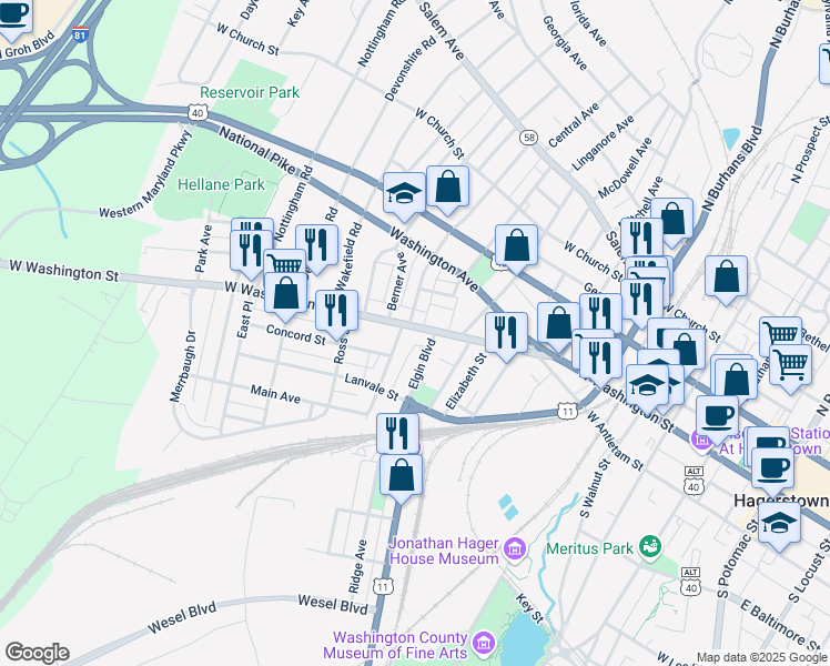 map of restaurants, bars, coffee shops, grocery stores, and more near 745 West Washington Street in Hagerstown
