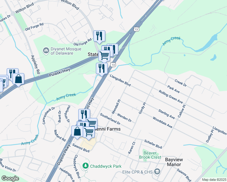 map of restaurants, bars, coffee shops, grocery stores, and more near 7 Hodgkins Place in New Castle