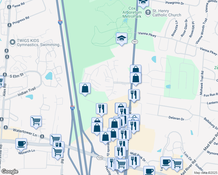 map of restaurants, bars, coffee shops, grocery stores, and more near 3230 Fantasia Trail in Dayton