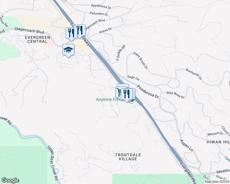 map of restaurants, bars, coffee shops, grocery stores, and more near 3809 Evergreen Parkway in Evergreen