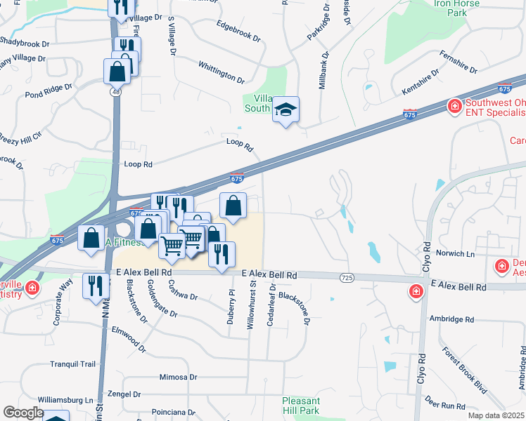 map of restaurants, bars, coffee shops, grocery stores, and more near 6700 Loop Road in Dayton