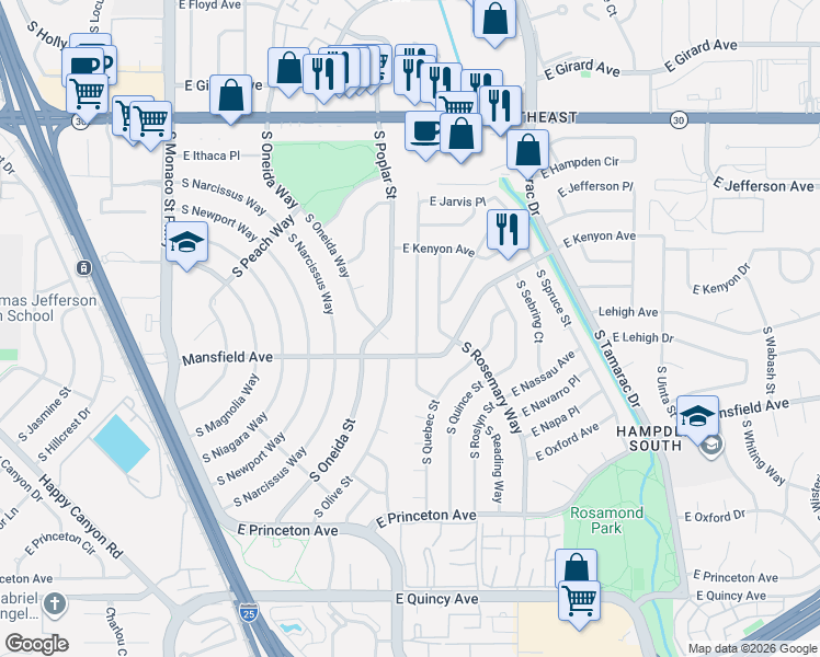 map of restaurants, bars, coffee shops, grocery stores, and more near 3851 South Quebec Street in Denver