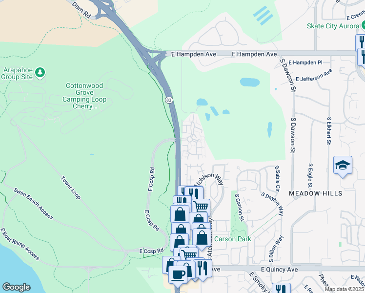 map of restaurants, bars, coffee shops, grocery stores, and more near 13742 East Lehigh Avenue in Aurora