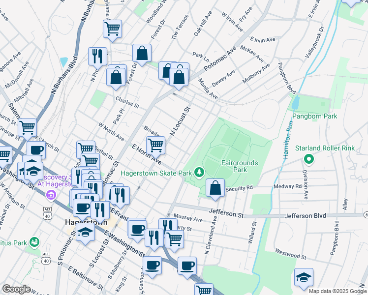 map of restaurants, bars, coffee shops, grocery stores, and more near 136 Broadway in Hagerstown