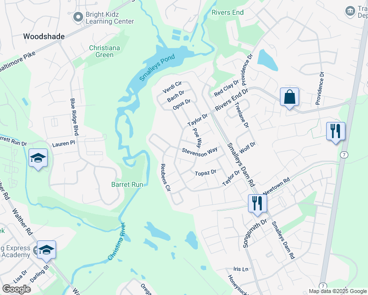 map of restaurants, bars, coffee shops, grocery stores, and more near 6 Stevenson Way in Newark
