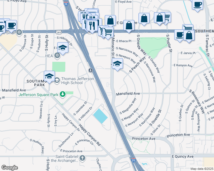map of restaurants, bars, coffee shops, grocery stores, and more near 3855 South Monaco Parkway in Denver