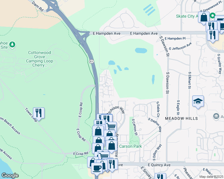 map of restaurants, bars, coffee shops, grocery stores, and more near 13834 East Lehigh Avenue in Aurora